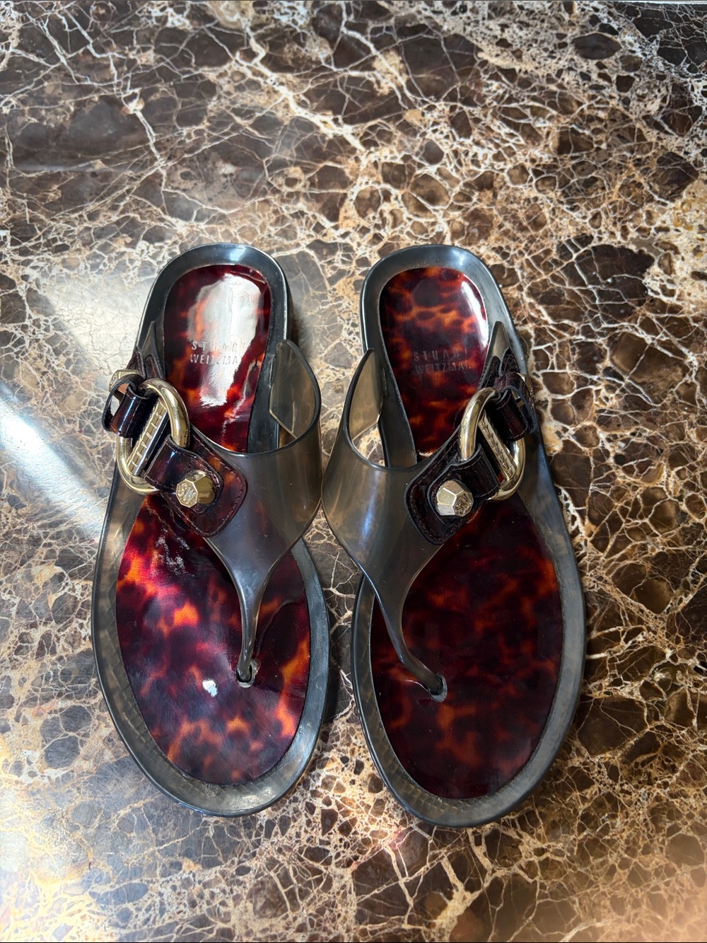 Stuart Weitzman Tortoiseshell Brown Jelly Thong Sandals with Gold Buckle